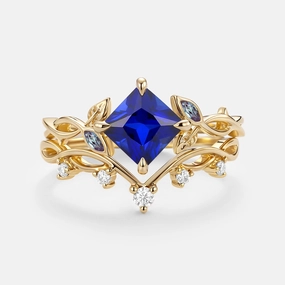 Chic Glam Handcrafted Art Princess Cut Lab Sapphire Twist Leafy Engagement Ring Set- Sable