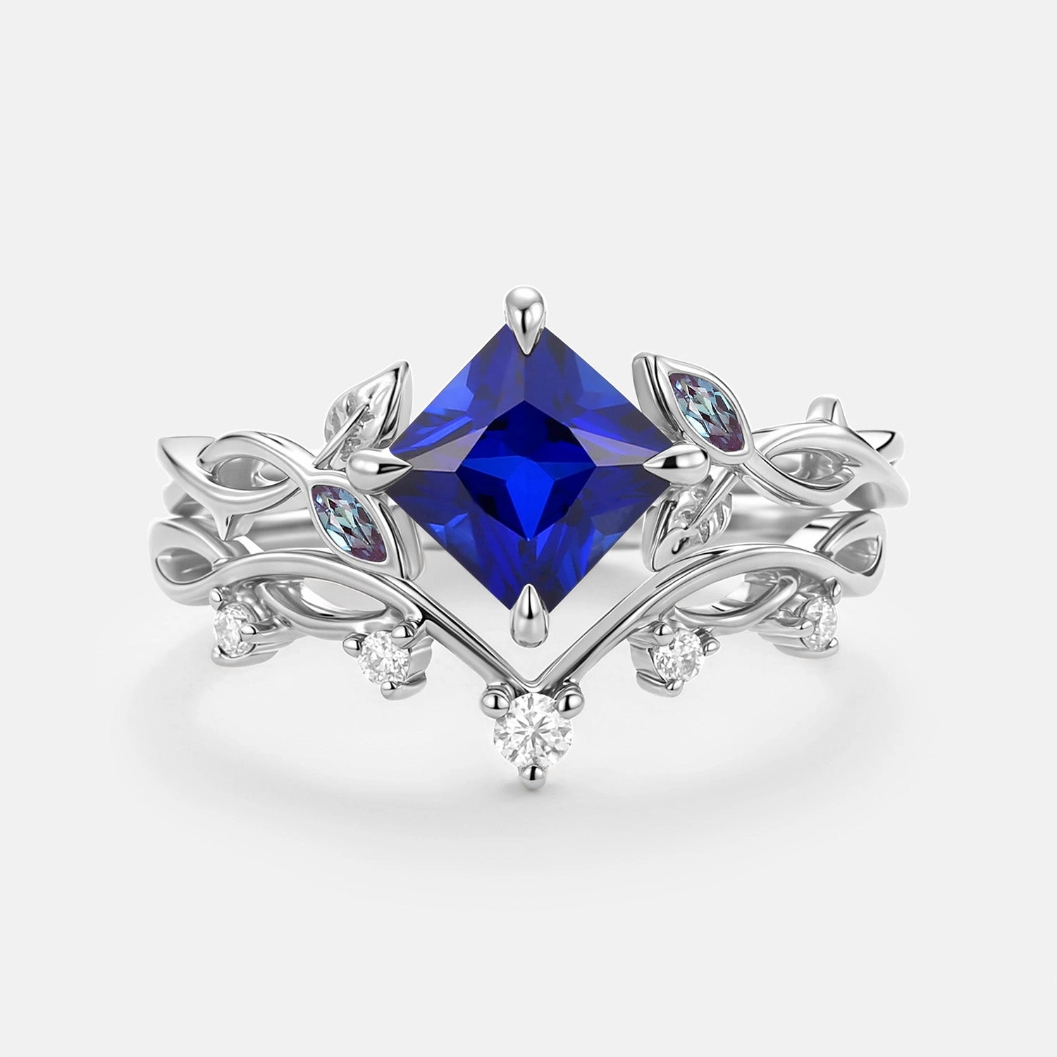 Modern Style Princess Cut Lab Sapphire Twist Leafy Engagement Ring Set- Sable