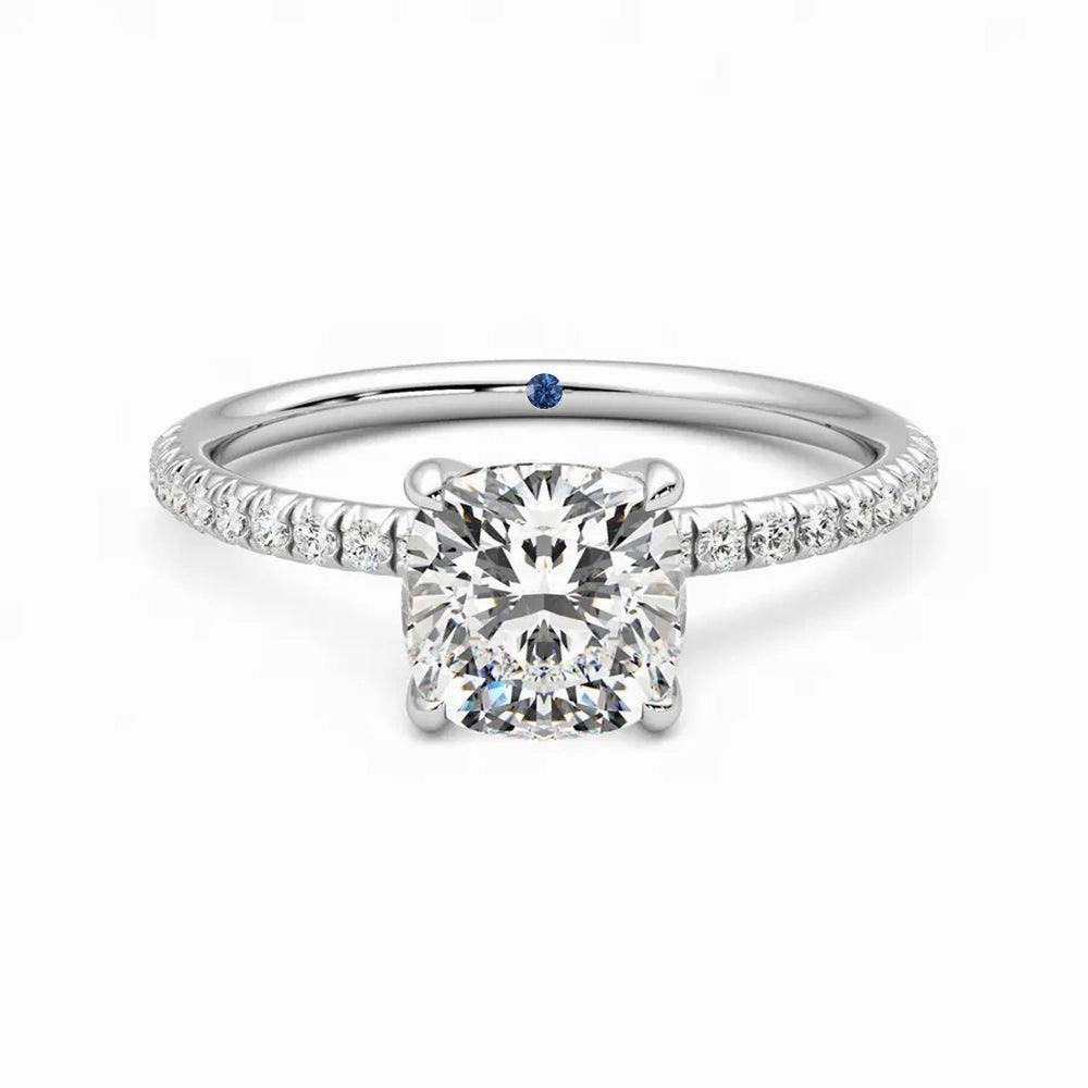Four Prong Cushion Cut Moissanite Engagement Ring with Hidden Anniversary Stone Accent Elegant Details