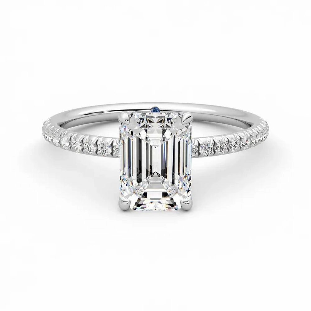 Four Prong Emerald Cut Moissanite Engagement Ring with Hidden Anniversary Stone Accent Minimal Touch Timeless Wardrobe