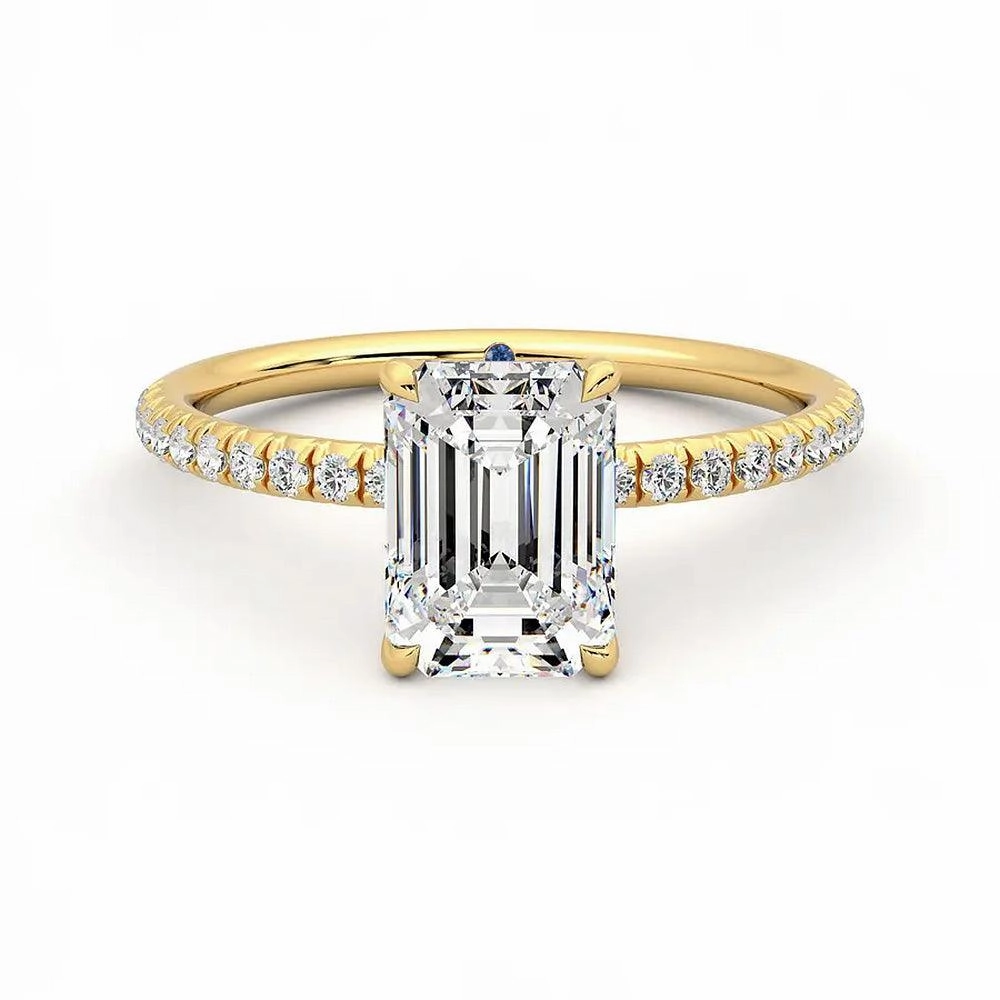 Stylish Edge Lively Accent Four Prong Emerald Cut Moissanite Engagement Ring with Hidden Anniversary Stone Accent