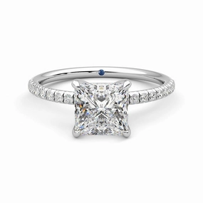 Four Prong Princess Cut Moissanite Engagement Ring with Hidden Anniversary Stone Accent Dainty Design