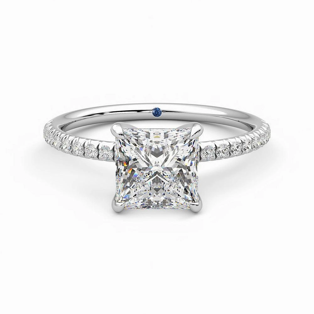 Timeless Craft Design Four Prong Princess Cut Moissanite Engagement Ring with Hidden Anniversary Stone Accent