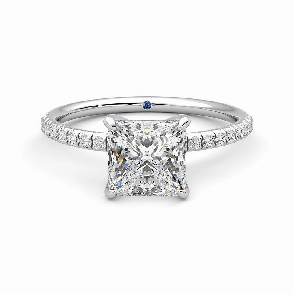 Unique Detail Four Prong Princess Cut Moissanite Engagement Ring with Hidden Anniversary Stone Accent