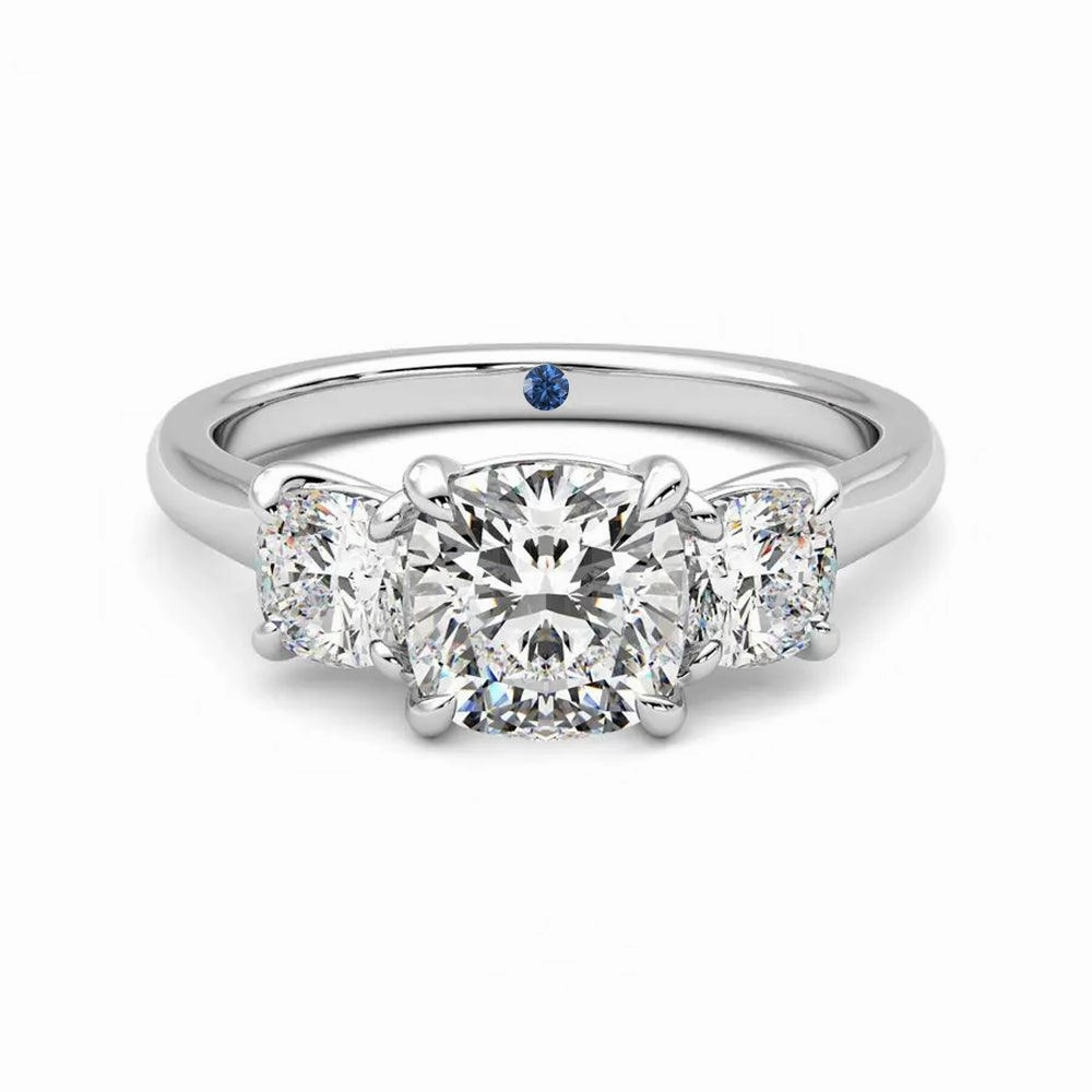 Smart Casual Natural Details Four Prong Three Stone Cushion Cut Moissanite Engagement Ring with Hidden Anniversary Stone Accent