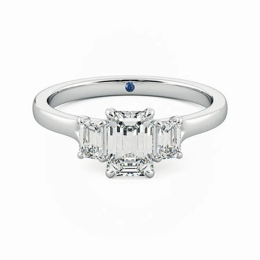 Four Prong Three Stone Emerald Cut Moissanite Engagement Ring with Hidden Anniversary Stone Accent Glam Choice