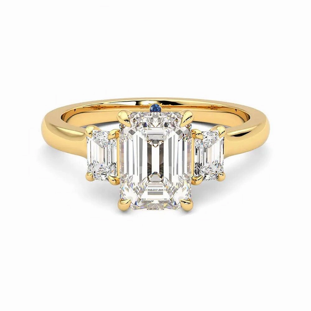 Event Style Sparkling Piece Four Prong Three Stone Emerald Cut Moissanite Engagement Ring with Hidden Anniversary Stone Accent