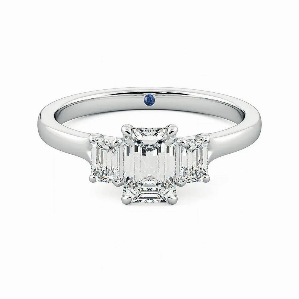 All ages Finest Craft Four Prong Three Stone Emerald Cut Moissanite Engagement Ring with Hidden Anniversary Stone Accent
