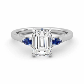 Three Stone Emerald Cut Moissanite Engagement Ring with Hidden Anniversary Stone Accent Opulent Touch Dainty Form