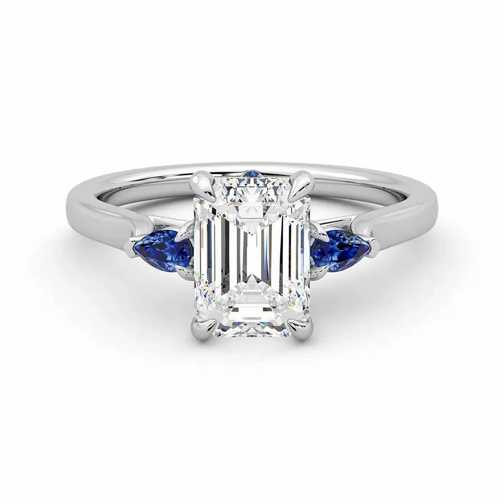 Allure Edge Three Stone Emerald Cut Moissanite Engagement Ring with Hidden Anniversary Stone Accent