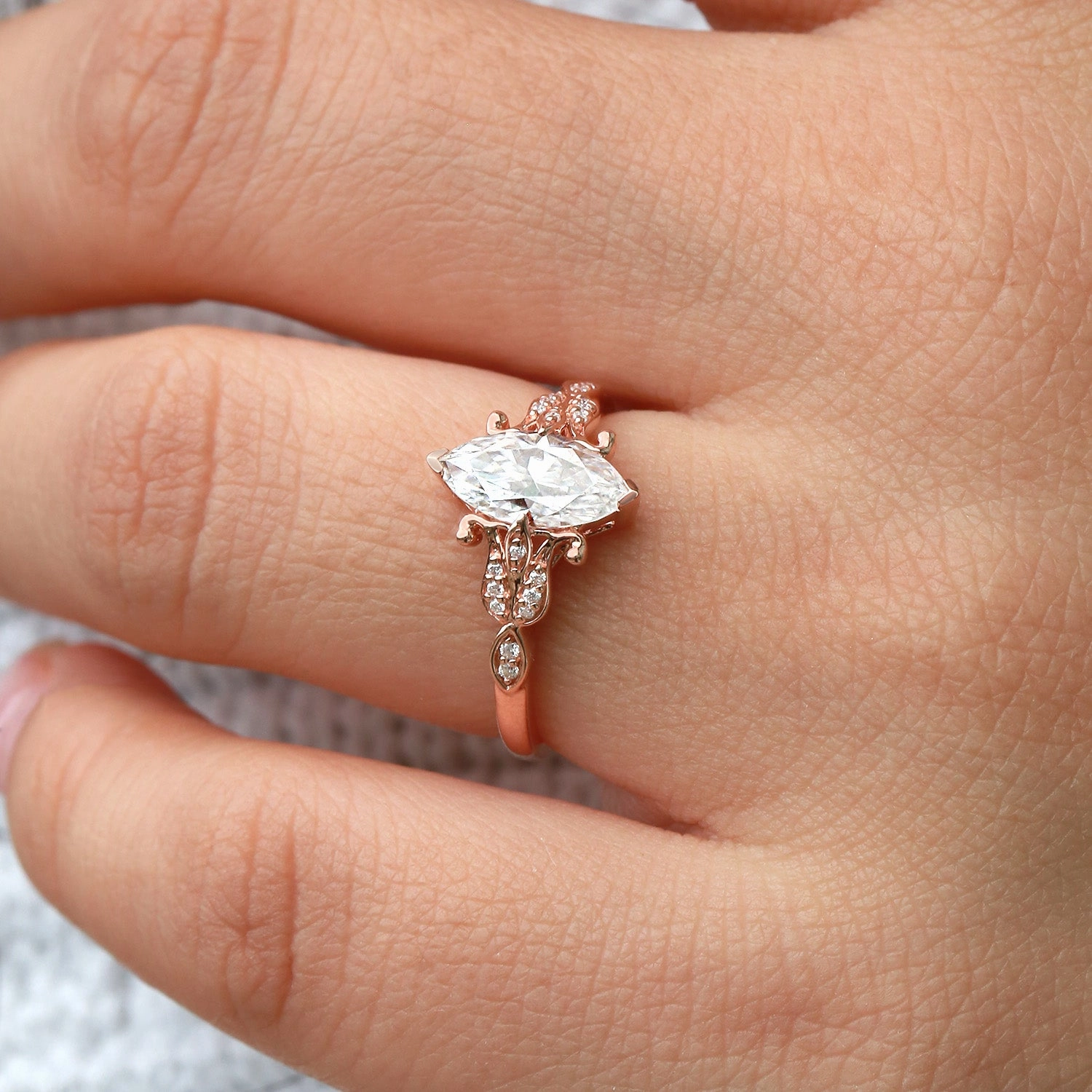 Alluring Style Marquise Cut Moissanite Leafy Vintage Engagement Ring