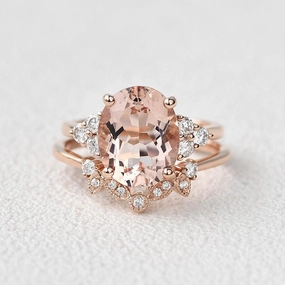 Dazzling Accent Night Feature 4.75ct Oval Cut Peachy Morganite Rose Gold Ring Set 2pcs