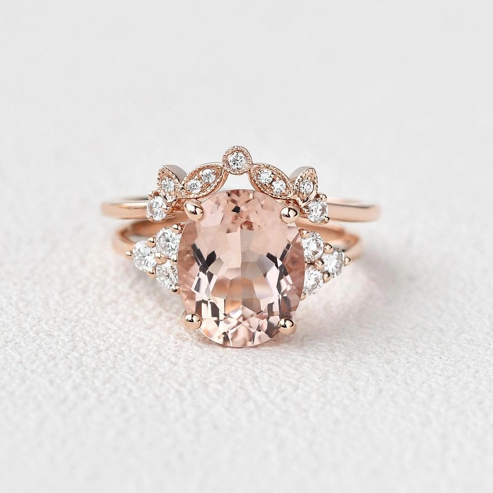4.75ct Oval Cut Peachy Morganite Rose Gold Ring Set 2pcs Color Pop