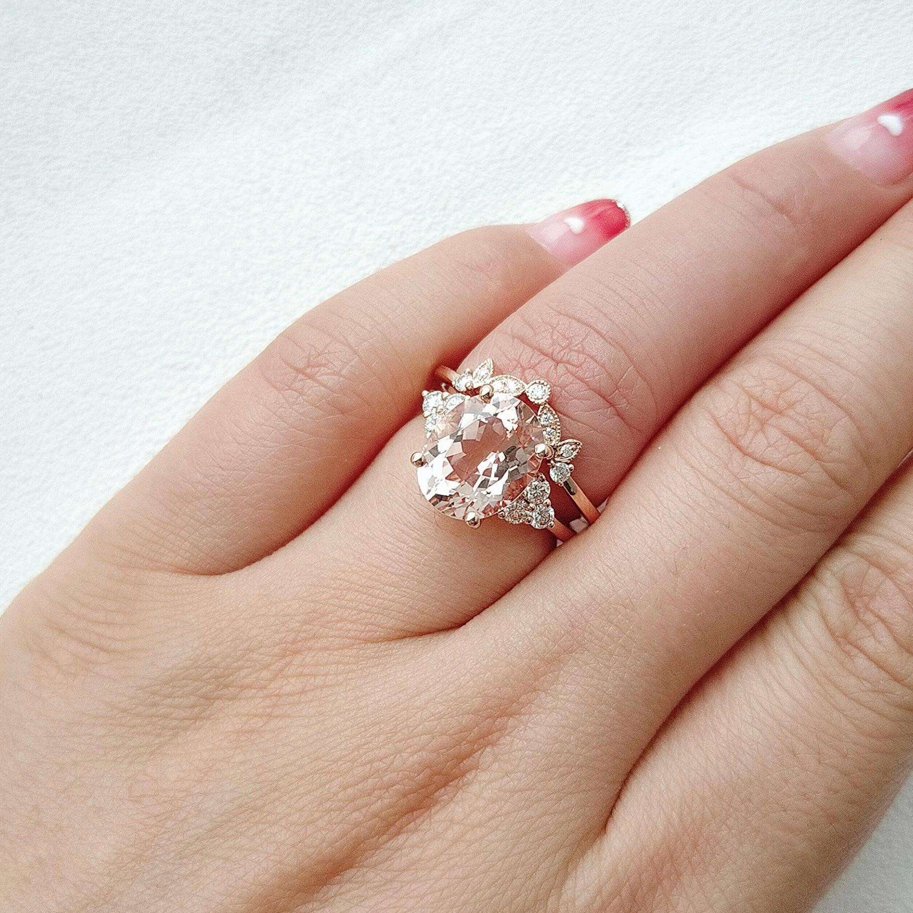 Classic Feature Minimalist Look 4.75ct Oval Cut Peachy Morganite Rose Gold Ring Set 2pcs