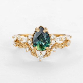 Radiant Craft Teal Sapphire Vintage Pear Shaped Leafy Ring Set 2pcs