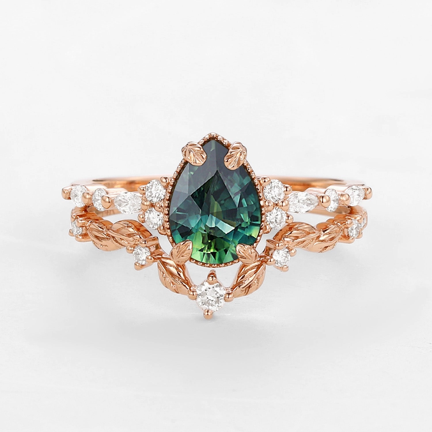 Teal Sapphire Vintage Pear Shaped Leafy Ring Set 2pcs Special Celebration Elegant accessory