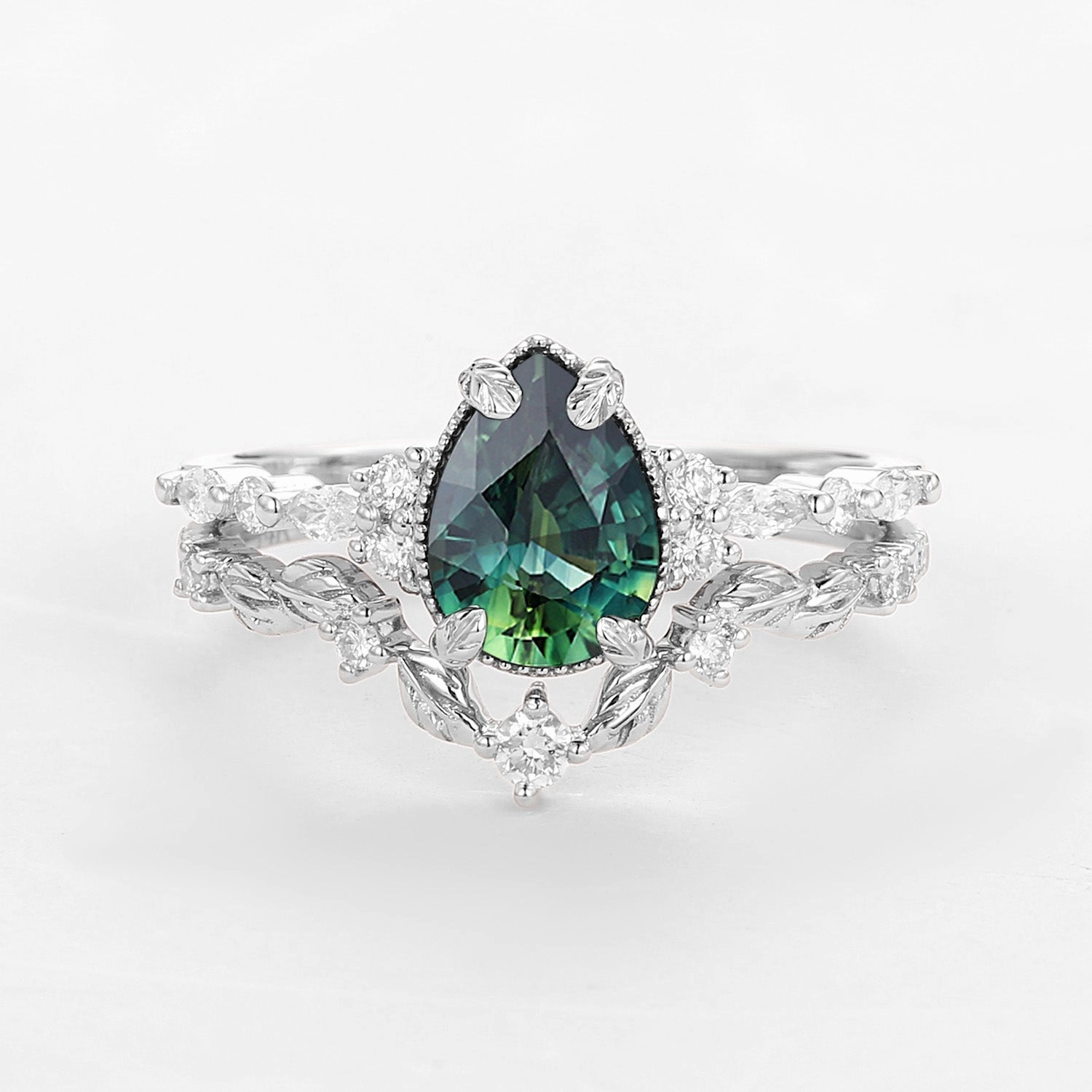 Daily Details Refined Light Teal Sapphire Vintage Pear Shaped Leafy Ring Set 2pcs