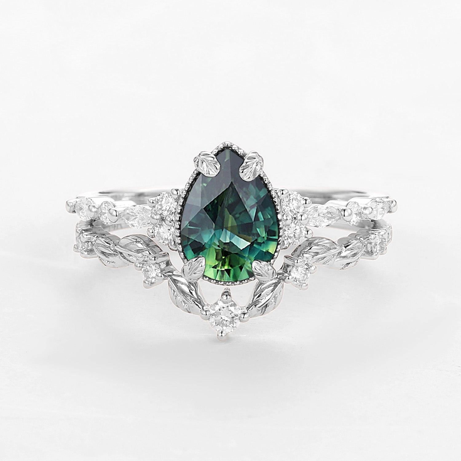 Subtle Mood Teal Sapphire Vintage Pear Shaped Leafy Ring Set 2pcs