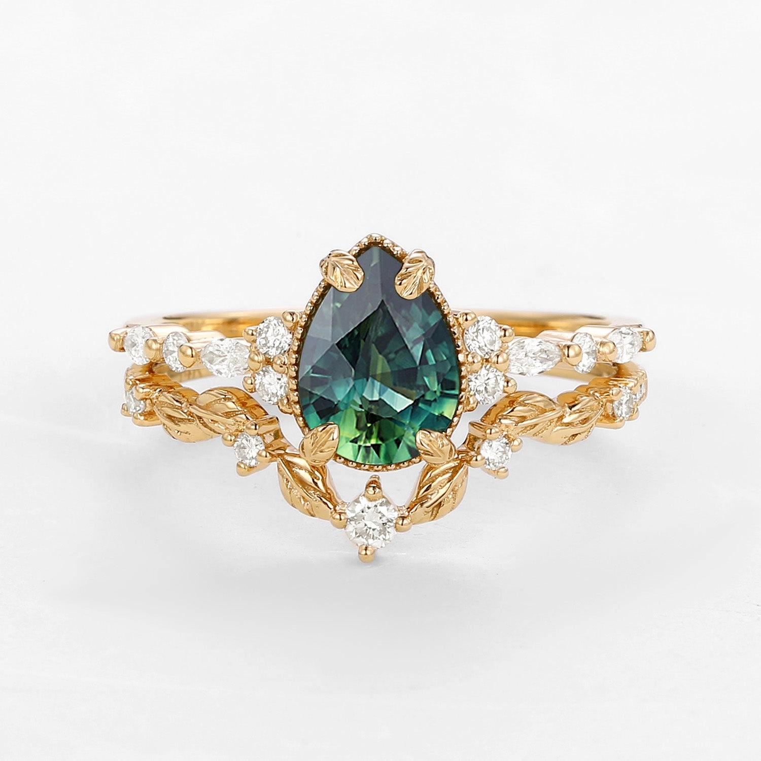 Teal Sapphire Vintage Pear Shaped Leafy Ring Set 2pcs Sophisticated Design Finish
