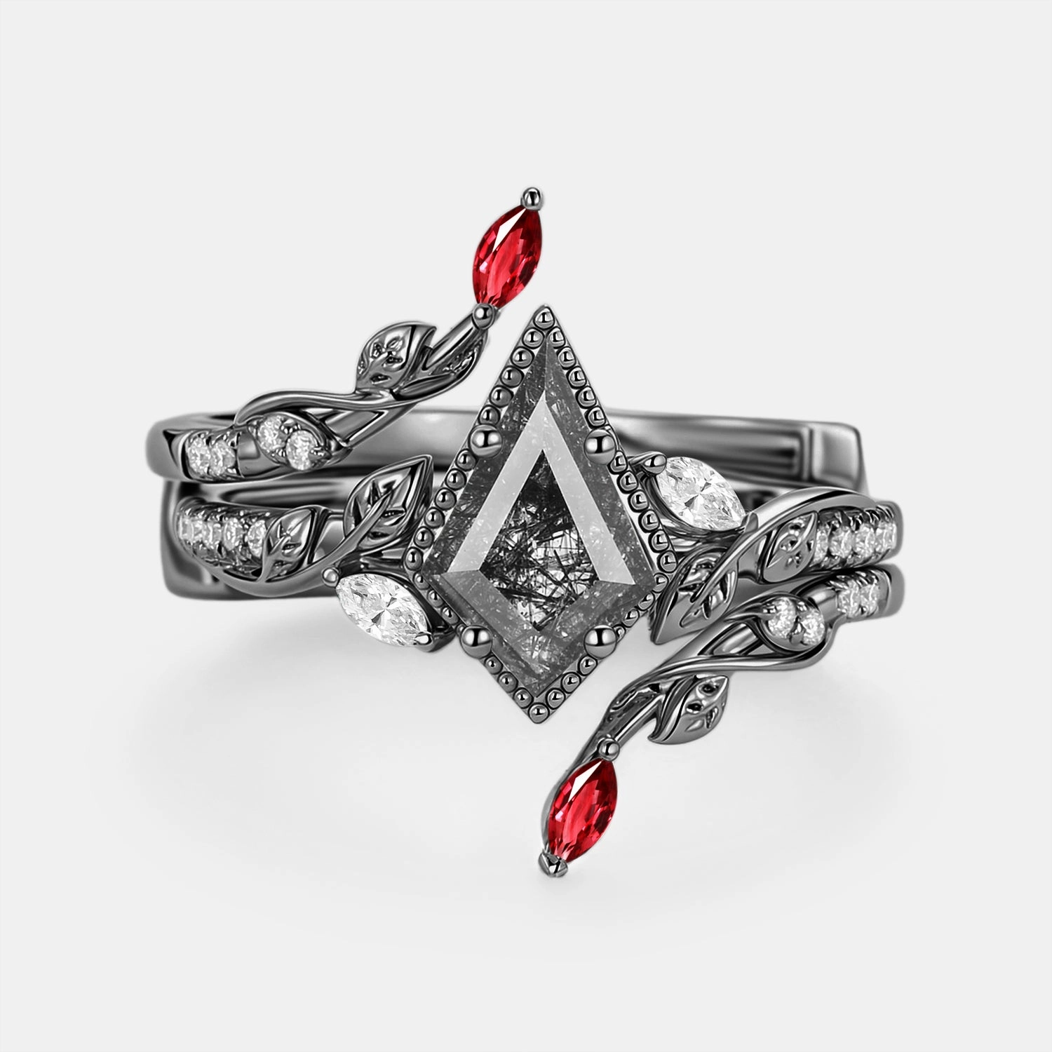 Leafy Vintage Kite Black Rutilated Quartz Cage Engagement Ring Set 2pcs - Breeze Premium Style Everyday Look