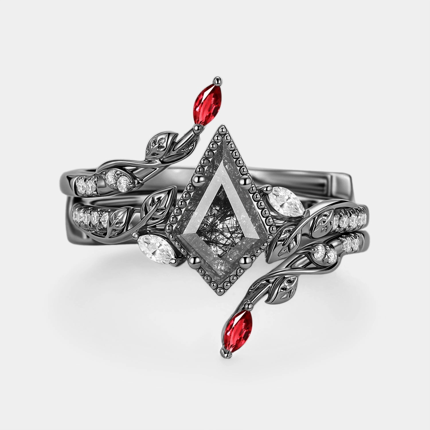 Leafy Vintage Kite Black Rutilated Quartz Cage Engagement Ring Set 2pcs - Breeze Vintage Style Distinctive Jewelry