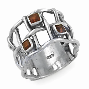 Fret Work Orange Cubic Zirconia Gemstone Silver Ring - Elegant Jewelry Ornate Mark