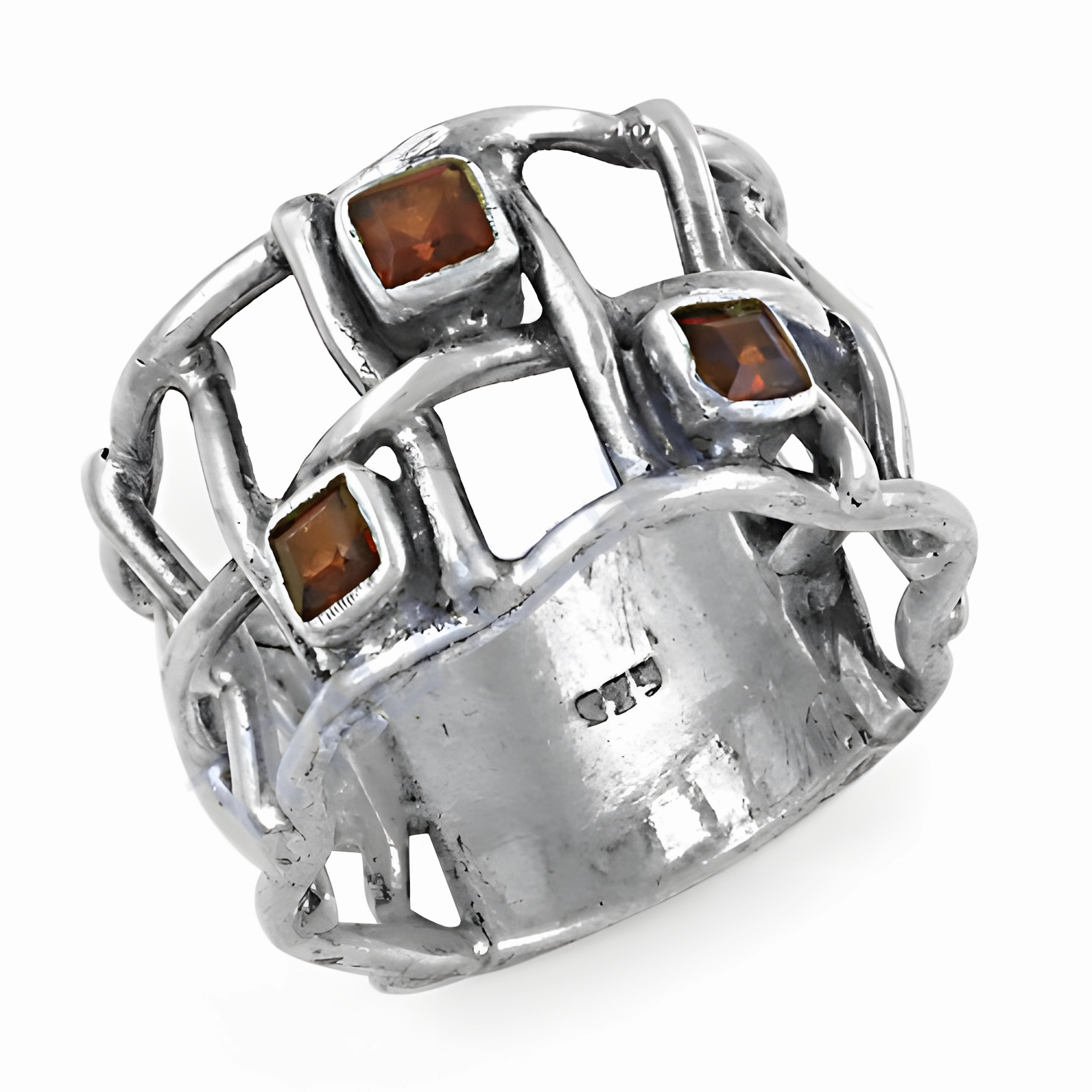 Fret Work Orange Cubic Zirconia Gemstone Silver Ring - Elegant Jewelry Ornate Mark