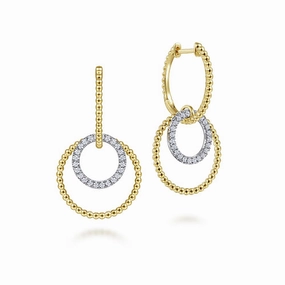 Gabriel & Co | 14K White-Yellow Gold Bujukan Diamond Open Circle Huggie Drop Earrings Vintage Look
