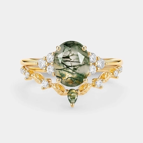 Sculpted Shape Charming Style Moss Agate Oval Cut Leaf Ring Set 2pcs - Thalyn
