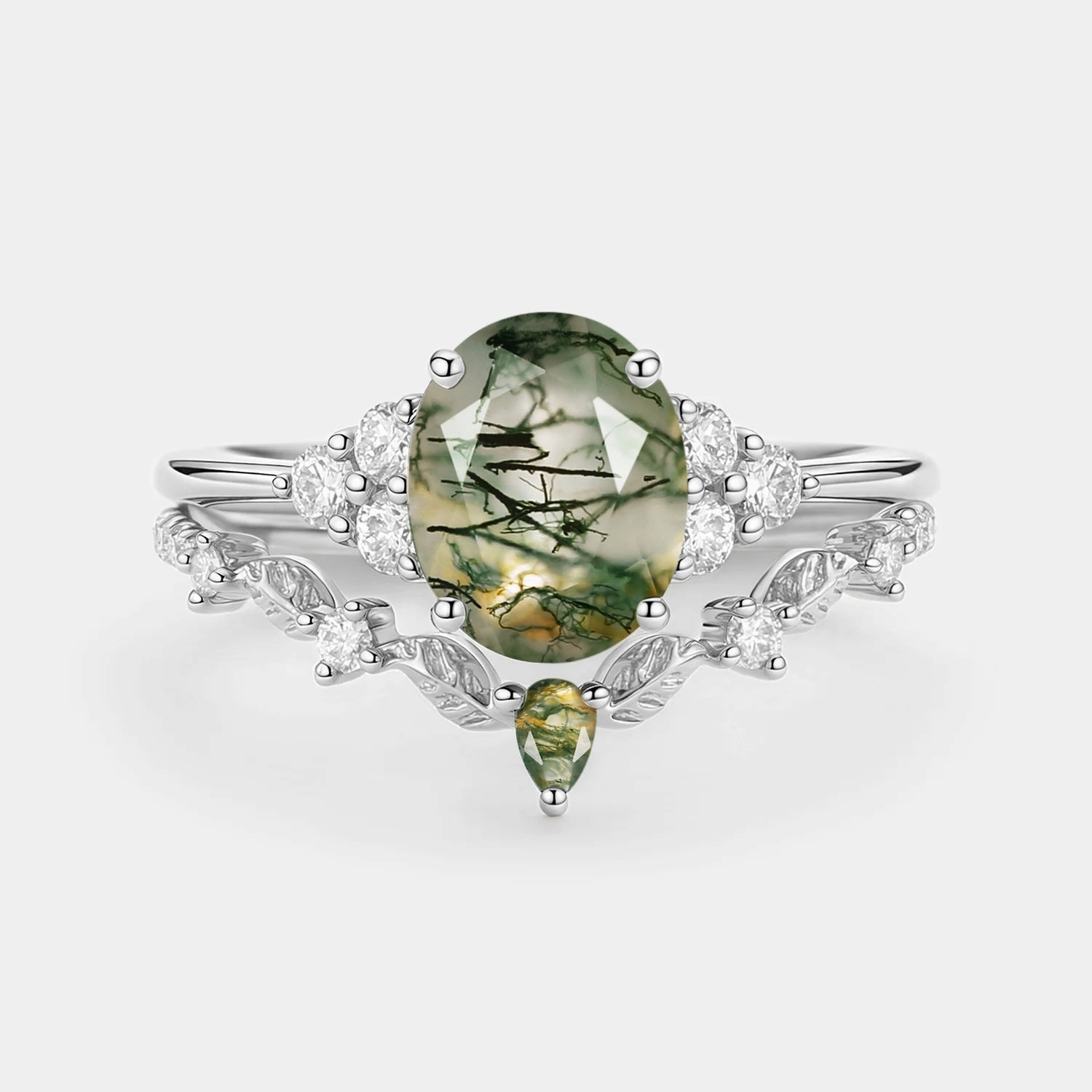 Signature Look Weekend Chic Moss Agate Oval Cut Leaf Ring Set 2pcs - Thalyn