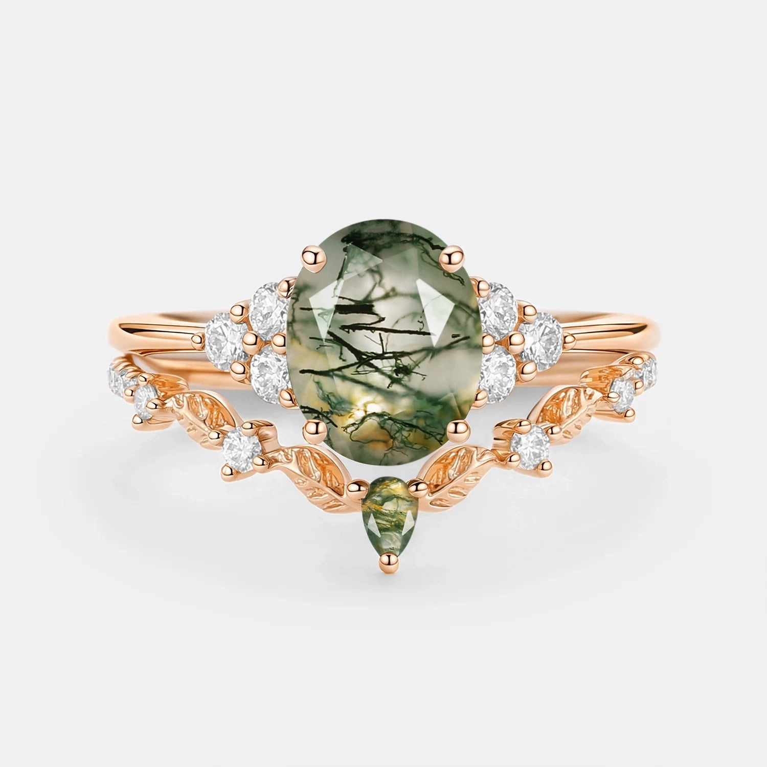 Moss Agate Oval Cut Leaf Ring Set 2pcs - Thalyn Rich Shine