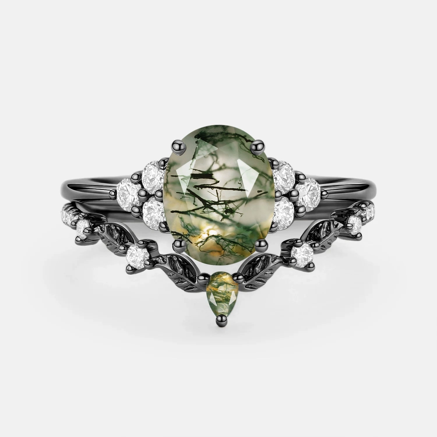 Moss Agate Oval Cut Leaf Ring Set 2pcs - Thalyn Holiday Party Glistening Look