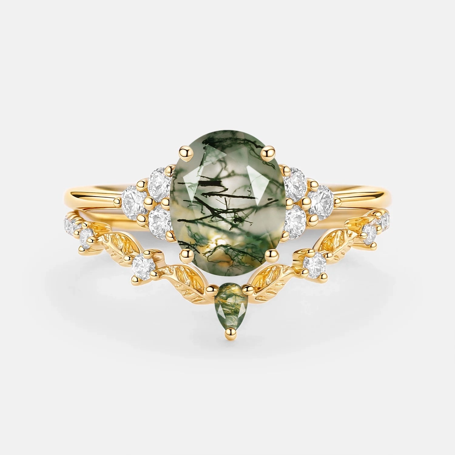 Sculpted Shape Charming Style Moss Agate Oval Cut Leaf Ring Set 2pcs - Thalyn