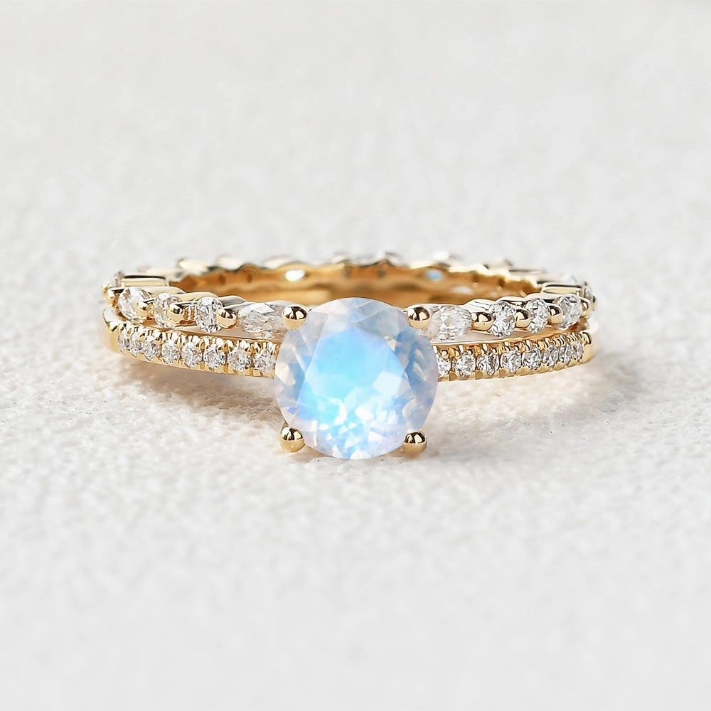 Round Cut 4 Prongs Moonstone Engagement Ring Set 2pcs Natural Elements