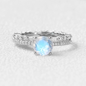 Luxurious Detail Shimmering Design Round Cut 4 Prongs Moonstone Engagement Ring Set 2pcs
