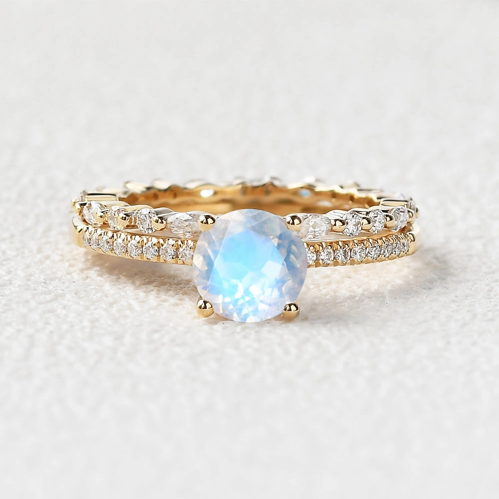 Round Cut 4 Prongs Moonstone Engagement Ring Set 2pcs Eye Catching