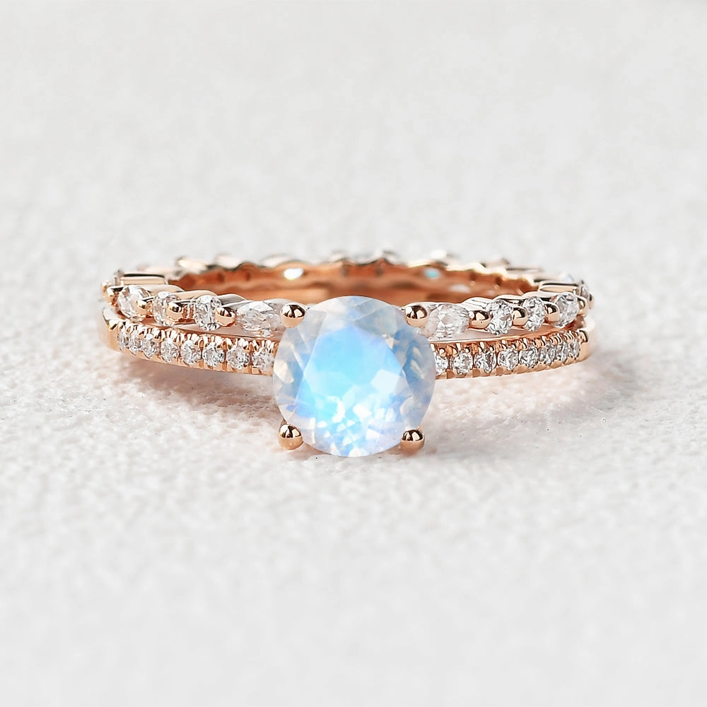 Minimal Fashion Round Cut 4 Prongs Moonstone Engagement Ring Set 2pcs