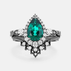 Pear Cut Lab Emerald Vintage Engagement Ring Set 2pcs - Greta Exquisite Craft