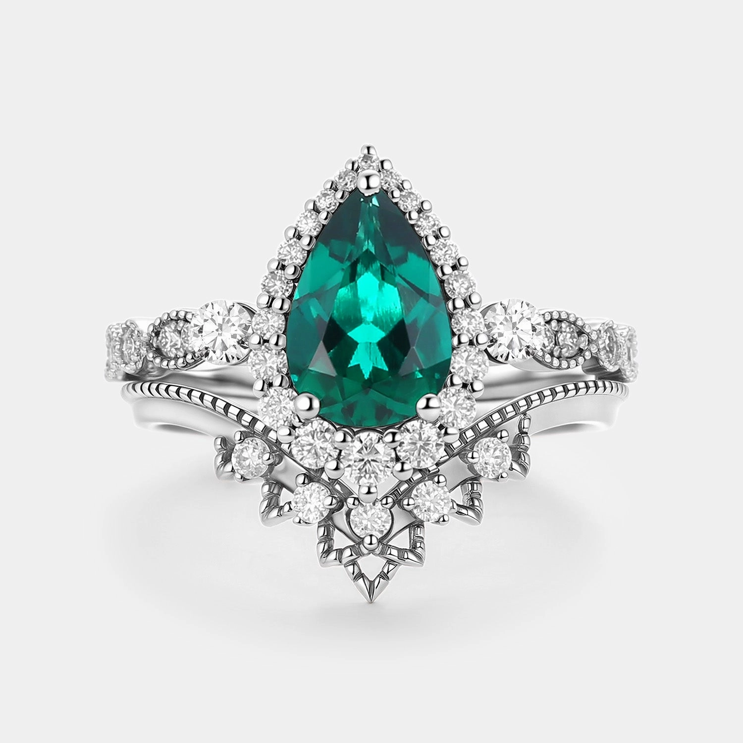 Pear Cut Lab Emerald Vintage Engagement Ring Set 2pcs - Greta Radiant Shine Look Handmade Glam