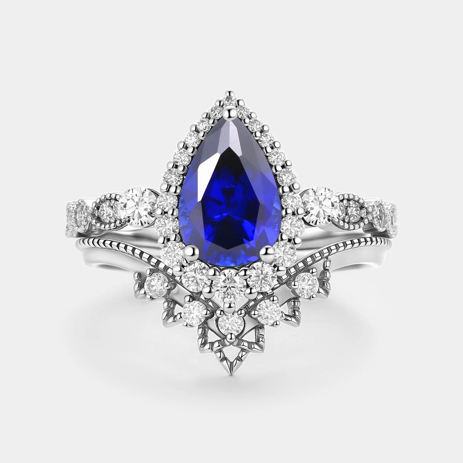 Seasonal accessory Pear Cut Lab Emerald Vintage Engagement Ring Set 2pcs - Greta