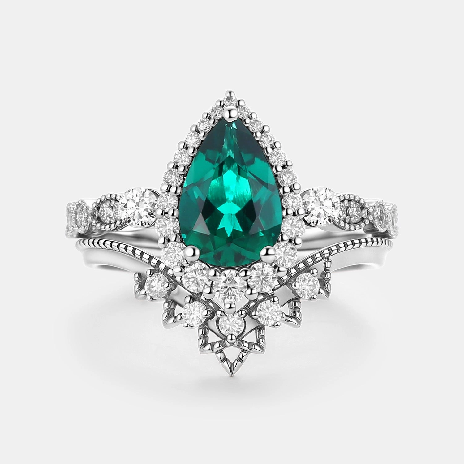 Pear Cut Lab Emerald Vintage Engagement Ring Set 2pcs - Greta Mature Style Artful Edge