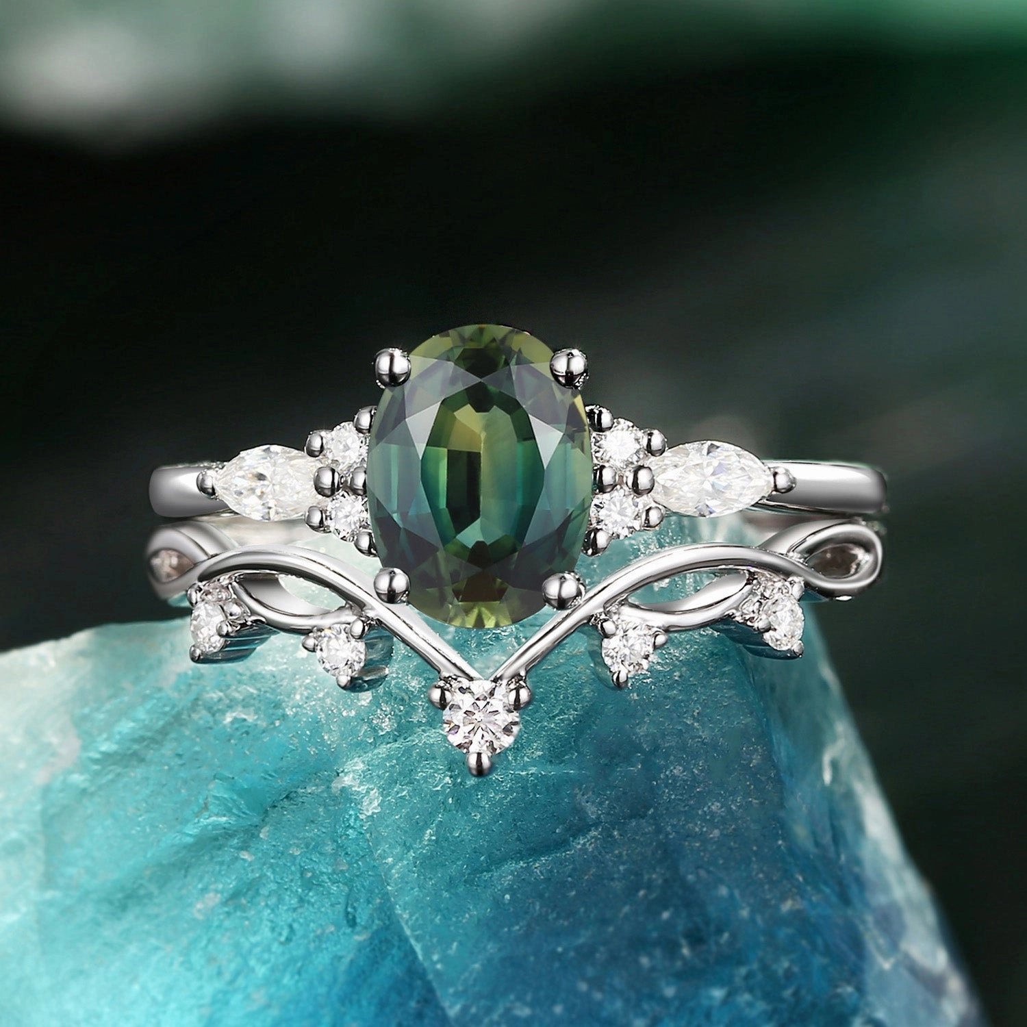 Fashion Finish 1.5ct Oval Teal Sapphire Leafy Ring Set 2pcs - Ona