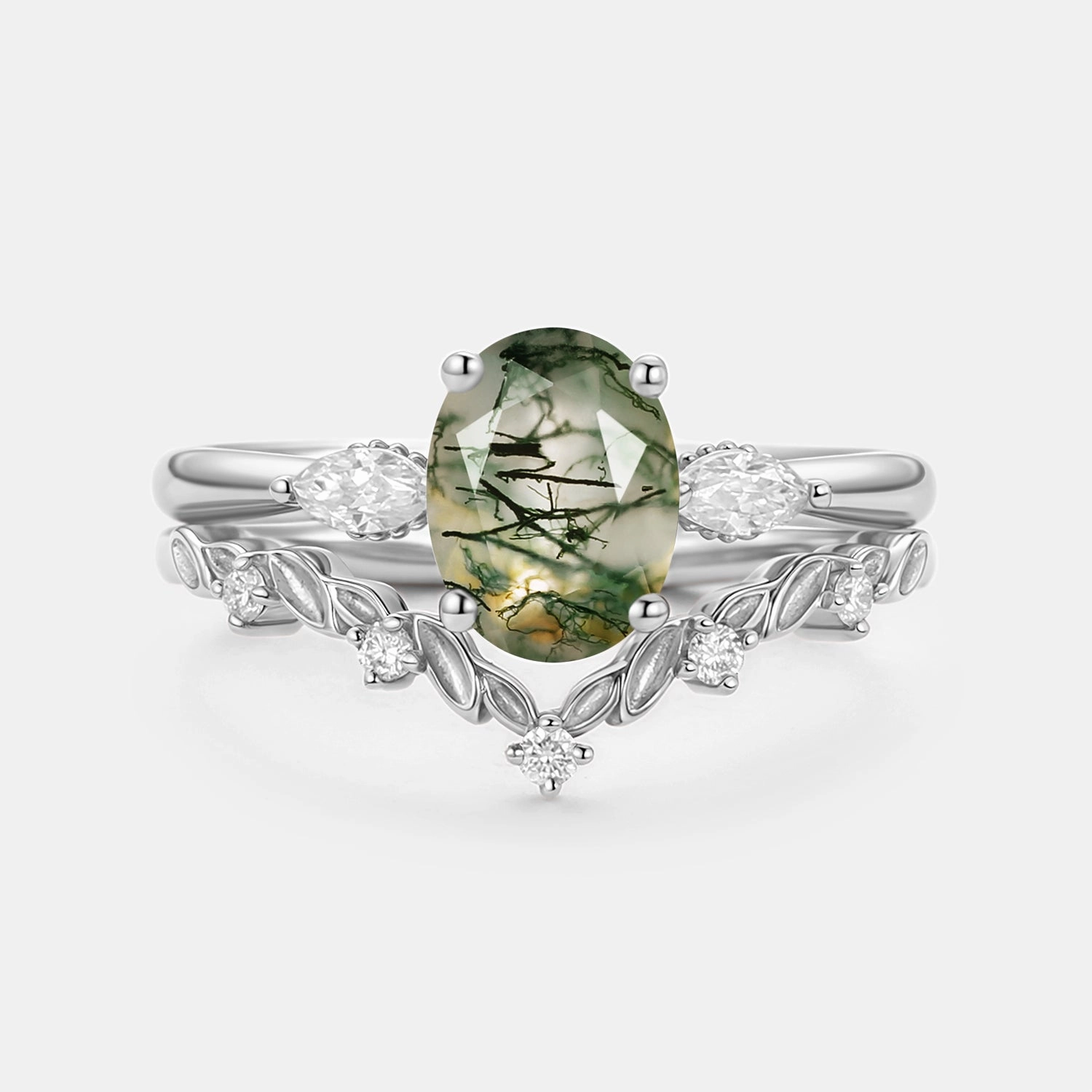 Oval Cut Moss Agate Vine Engagement Ring Set 2pcs - Soleil Sophisticated Design Petite Glam