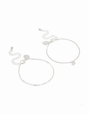 Silver Cubic Zirconia Drop & Chain Bracelets 2-Pack Exquisite Piece Stylish Design