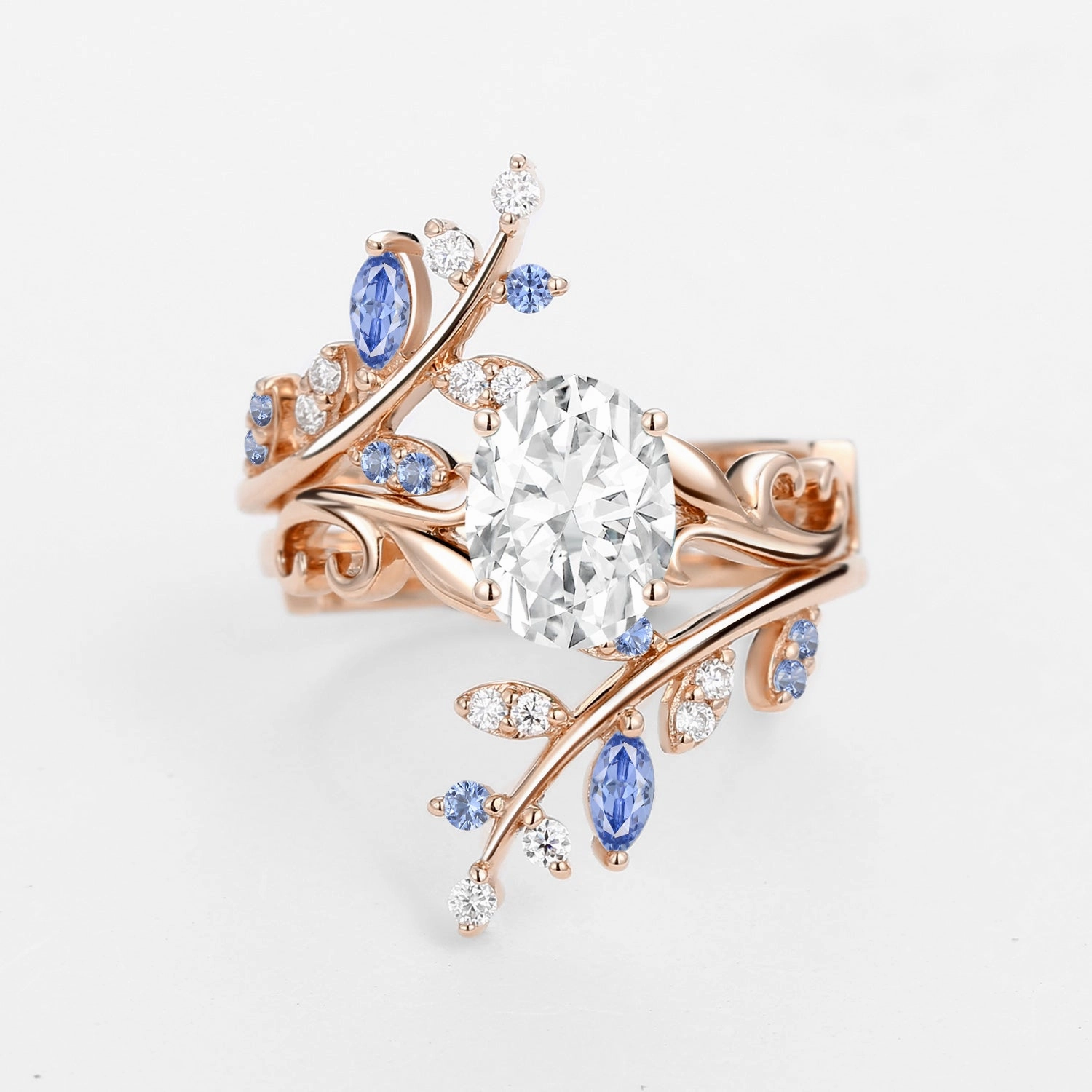 Oval Shaped Vine Moissanite Engagement Ring Sets 2PCS - Talasi Custom Piece Fresh Style