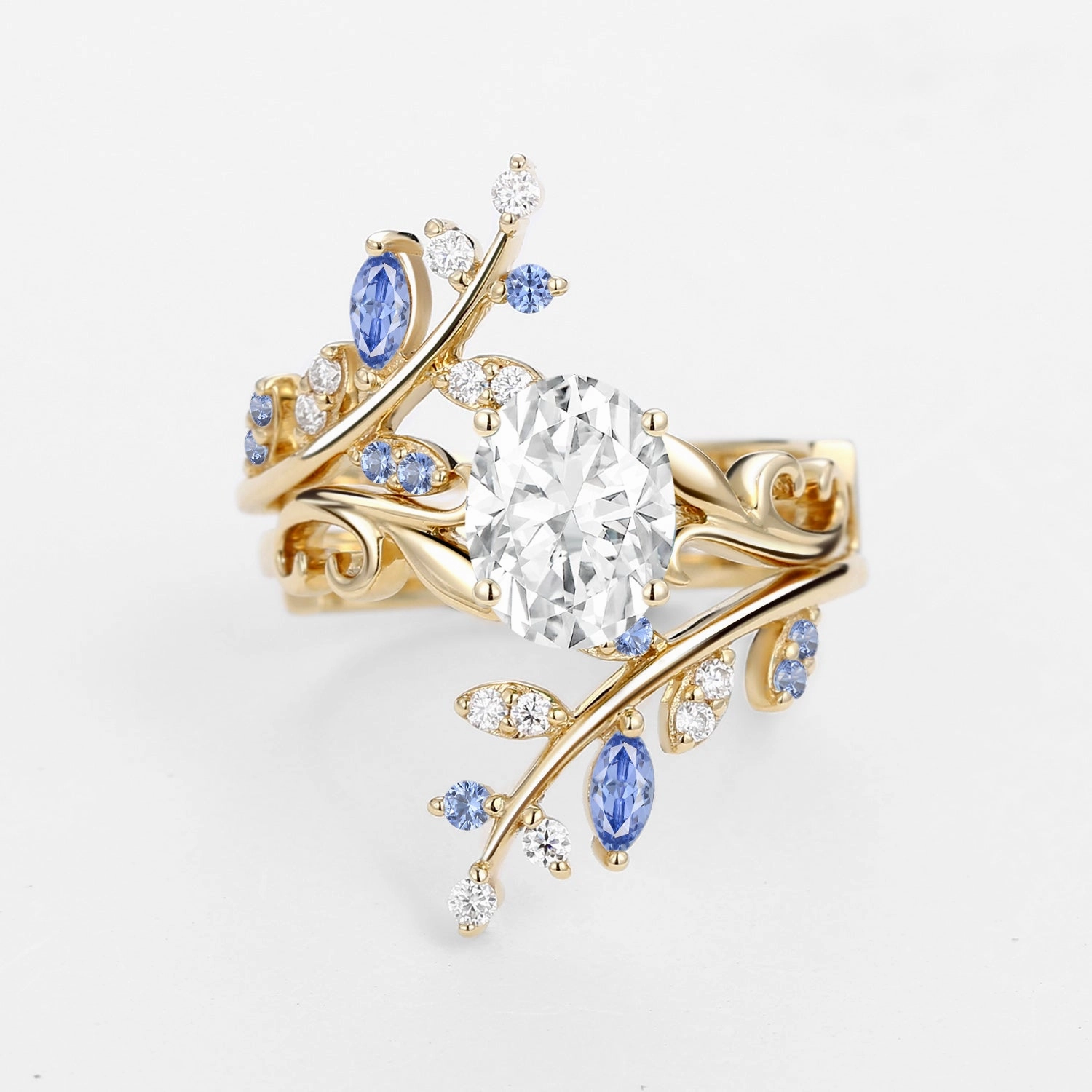 Oval Shaped Vine Moissanite Engagement Ring Sets 2PCS - Talasi Petite Edge