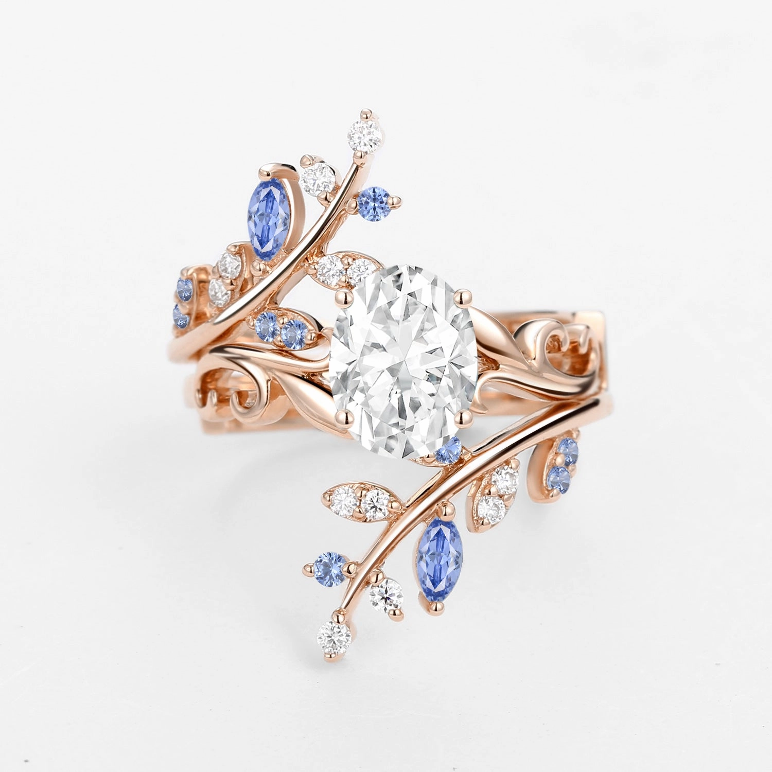 Oval Shaped Vine Moissanite Engagement Ring Sets 2PCS - Talasi Festive Accent