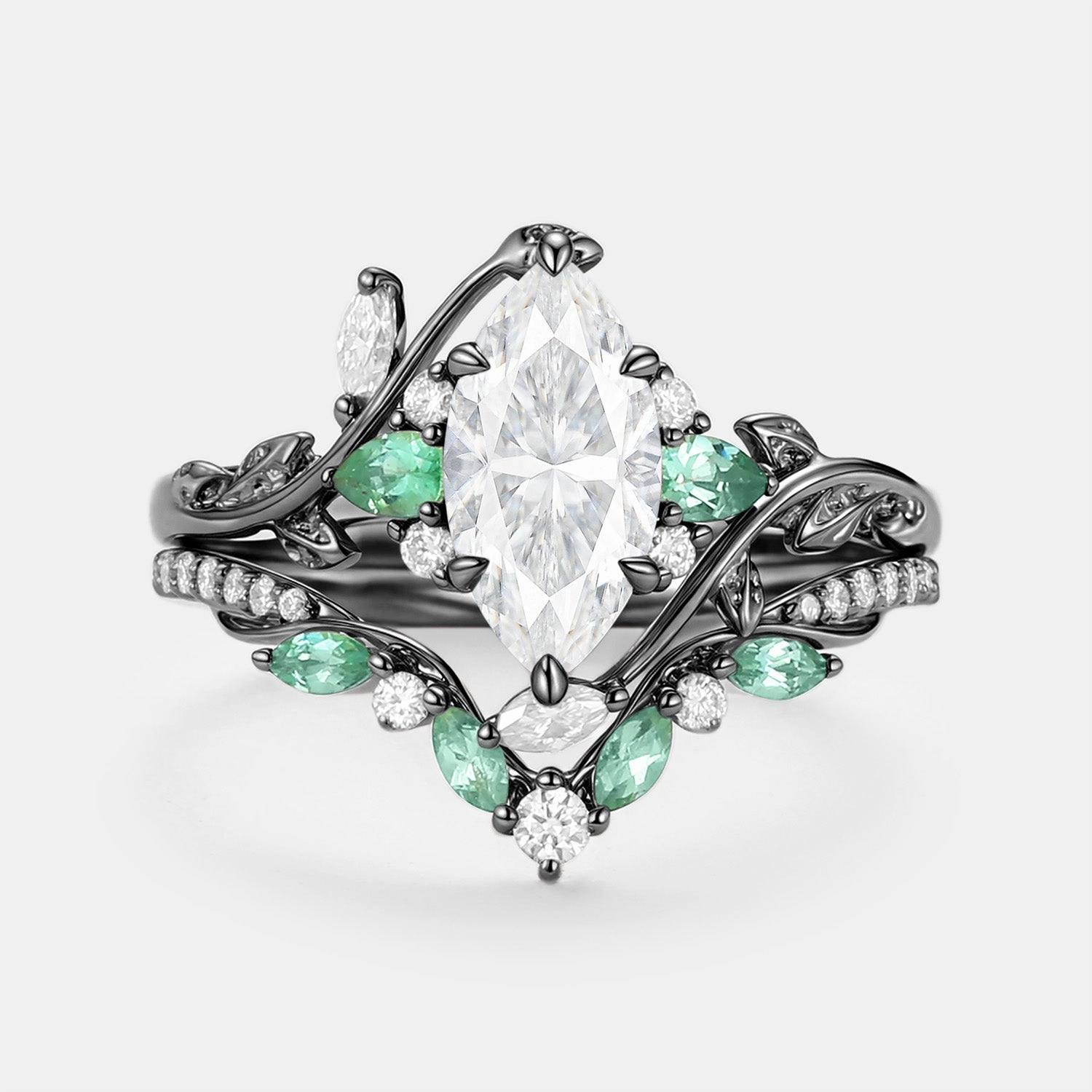 Moissanite Leafy Vintage Marquise Engagement Ring Set 2pcs - Lime Opulent Detail