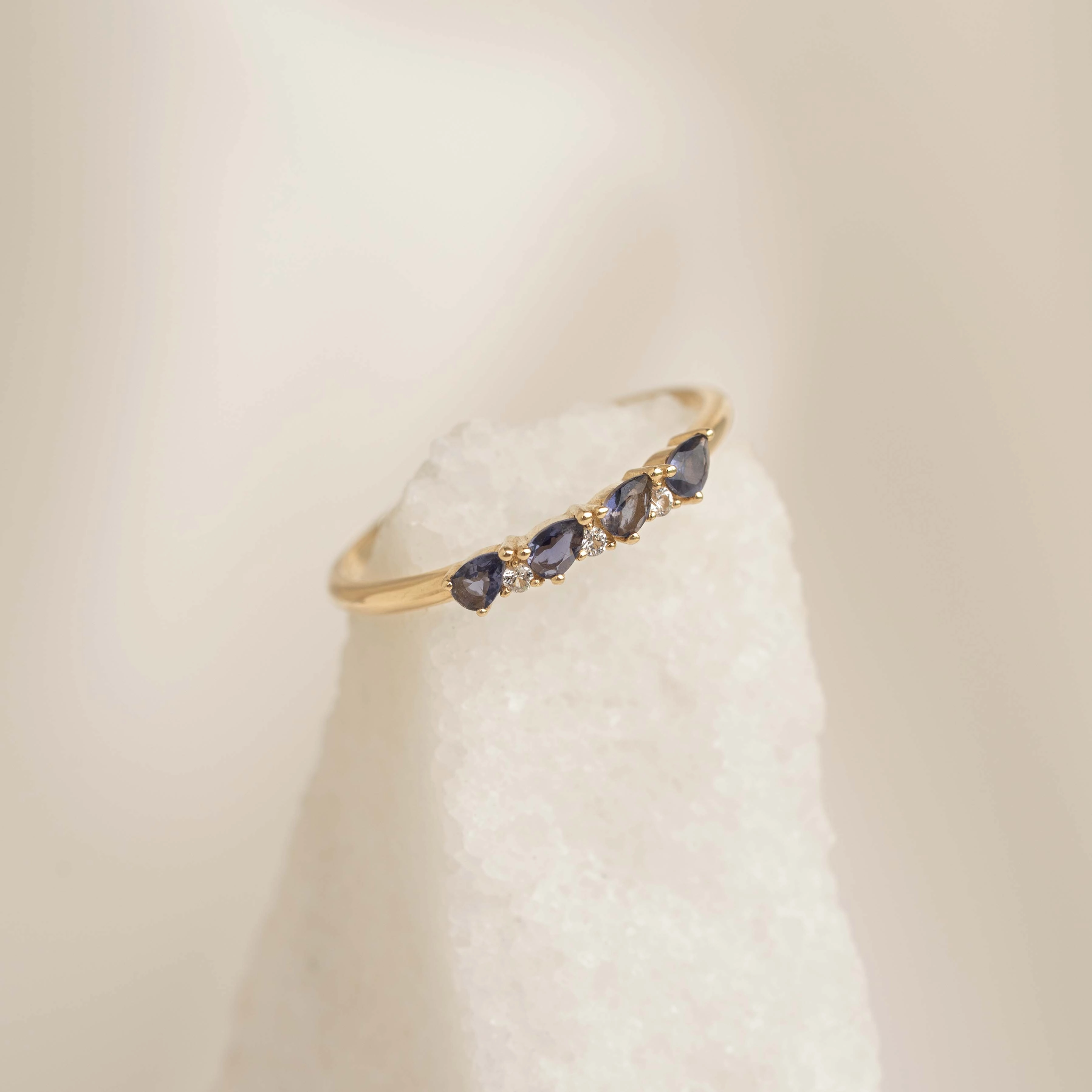 December Birthstone Pear Ring 14k Gold - Cordierite and Diamond Rigid Structure