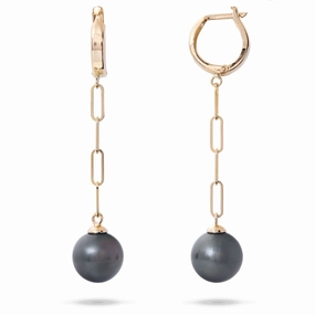 Tahitian Black Pearl Paperclip Chain Earrings in Gold - 9-11mm Chic Spark Event Look